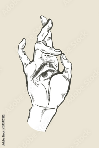 Vector illustration of mystic Hamsa all-seeing eye in hand symbol. Sketch drawing in vintage style