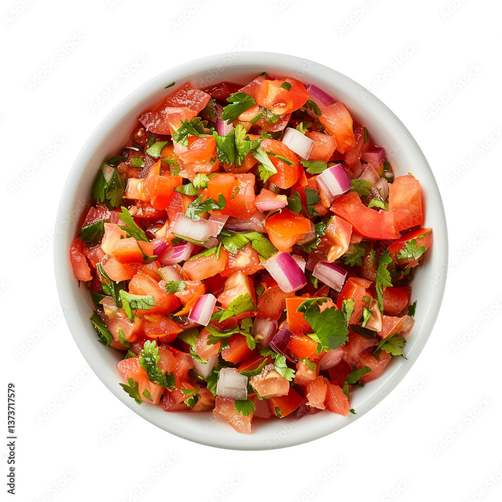 Vibrant top-down shot of fresh tomato salsa in a bowl, with diced tomatoes, herbs, and onions, transparent background Vibrant top-down shot of fresh tomato salsa in a bowl, with diced tomatoes, herbs, and onions, transparent background
