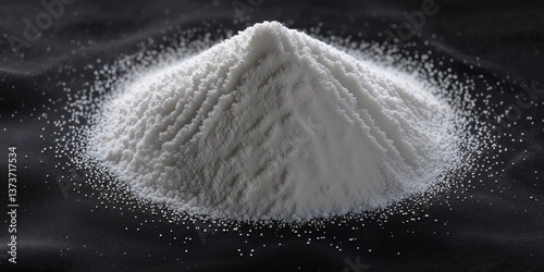Pile of white sugar on a black background creating a striking contrast in a simple still life composition. photo