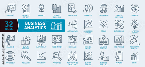 Business Analytics Icon Collection. The icons representing various aspects of business analytics and data science