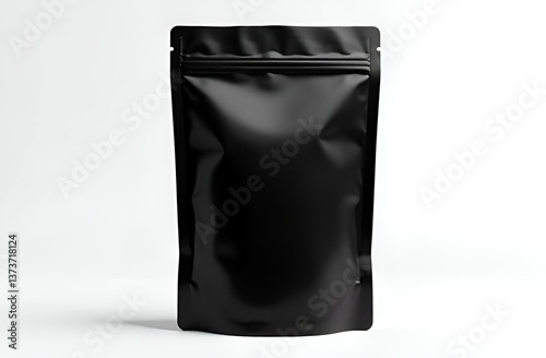 Blank craft plastic pouch, black packages big and small on white background, mylar bags isolated for coffee or food, cosmetic products, snack, candy. Different sizes, mock up. white background.
