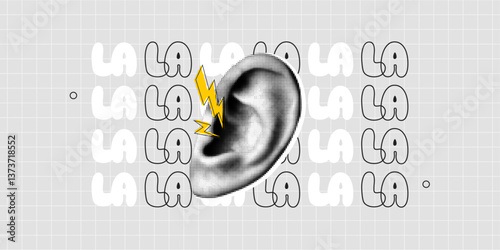 Trendy Halftone Collage Human ear with text blah blah and yellow lightnings. Listen to music and fake gossip. Rumor has it. Modern dots element. Contemporary vector illustration art