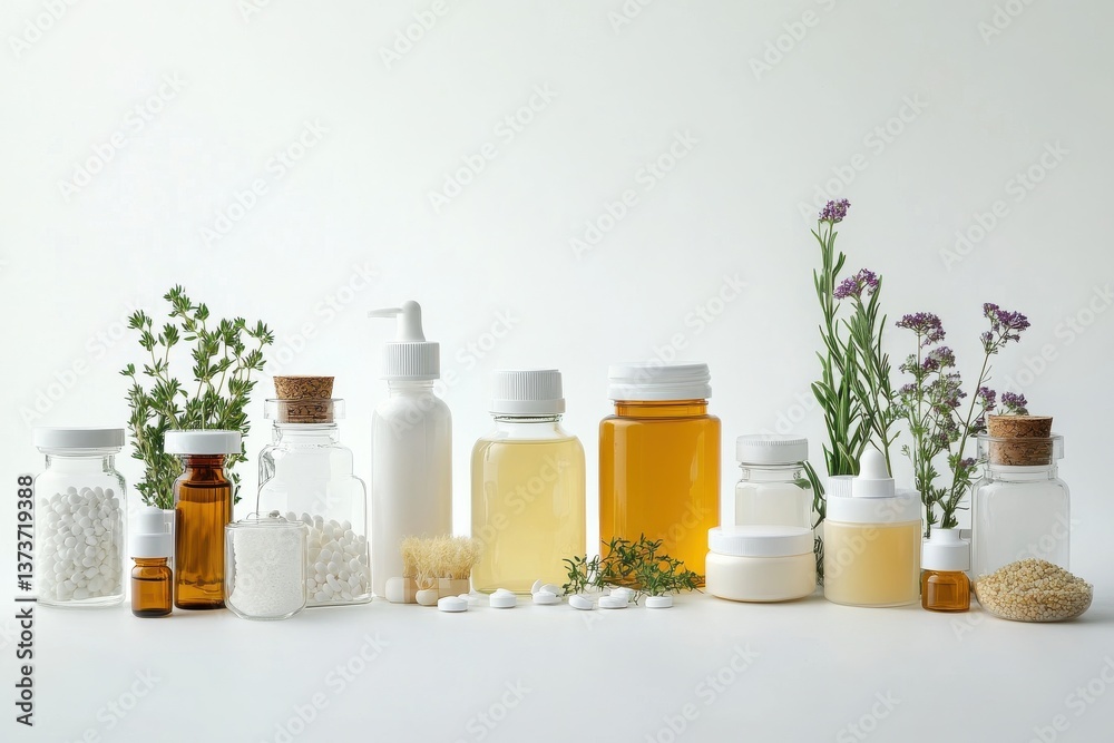 Natural remedies and skincare products arranged on a minimalist surface with herbs and flowers Natural remedies and skincare products arranged on a minimalist surface with herbs and flowers