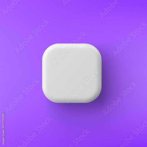 3d vector white plastic square button on purple background. Realistic minimal icon with shadow.