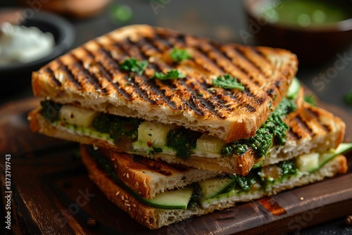 Bombay sandwich layered with potatoes, cucumber and mint chutney, grilled