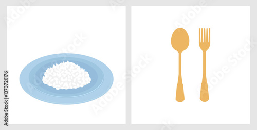 Rice plate and gold spoon and fork icon sign isolated on white background vector.