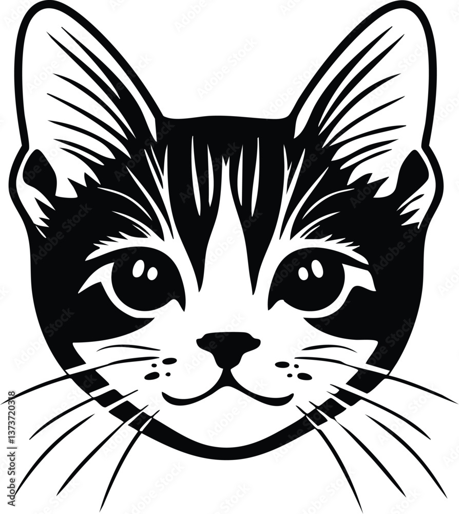 Obraz premium Cat face portrait, black outline clipart style illustration, transparent background vector