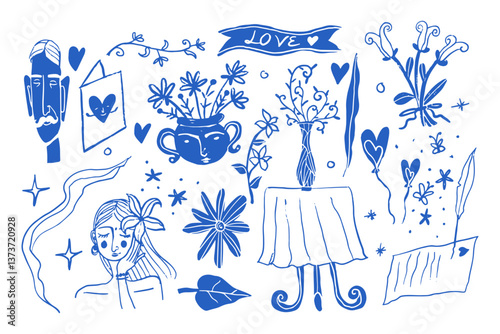 Abstract Dolce Vita Scribble Doodle Sketch of women, men, love, floral flowers, heart, table, date and more vector isolated on background