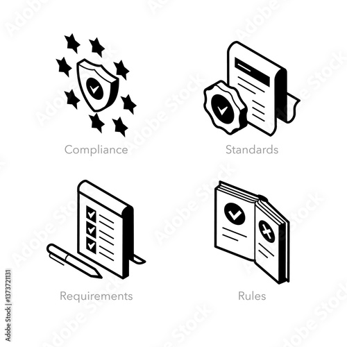 Simple set of isometric line icons for compliance. Contains such symbols as Compliance, Standards, Requirements and Rules.
