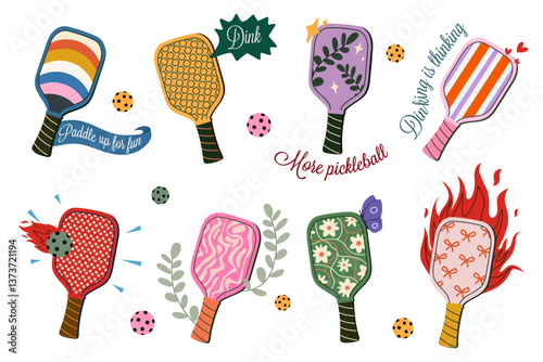 Collection of cute minimalist illustrations of pickleball rackets with different designs and patterns, phrases related to pickleball. Vector illustrations