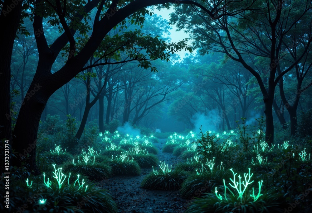 Enchanted forest with glowing plants illuminating a misty pathway Enchanted forest with glowing plants illuminating a misty pathway