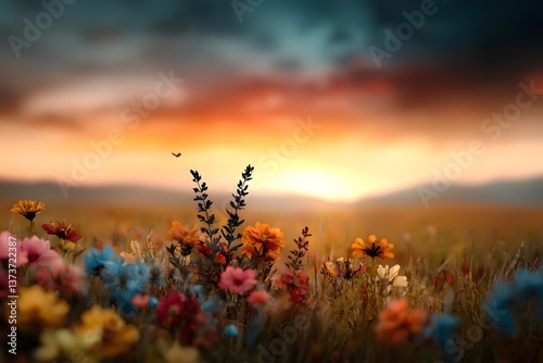 Serene open meadow teeming with vibrant colorful blooms and lush flora whimsical non binary individuals in peaceful communion with the transcendent ethereal natural landscape