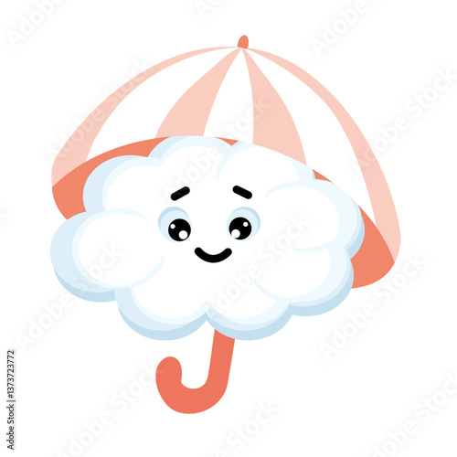 Cute happy kawai cloud.A cheerful cloud under an umbrella. Vector cartoon style comic, weather icon.