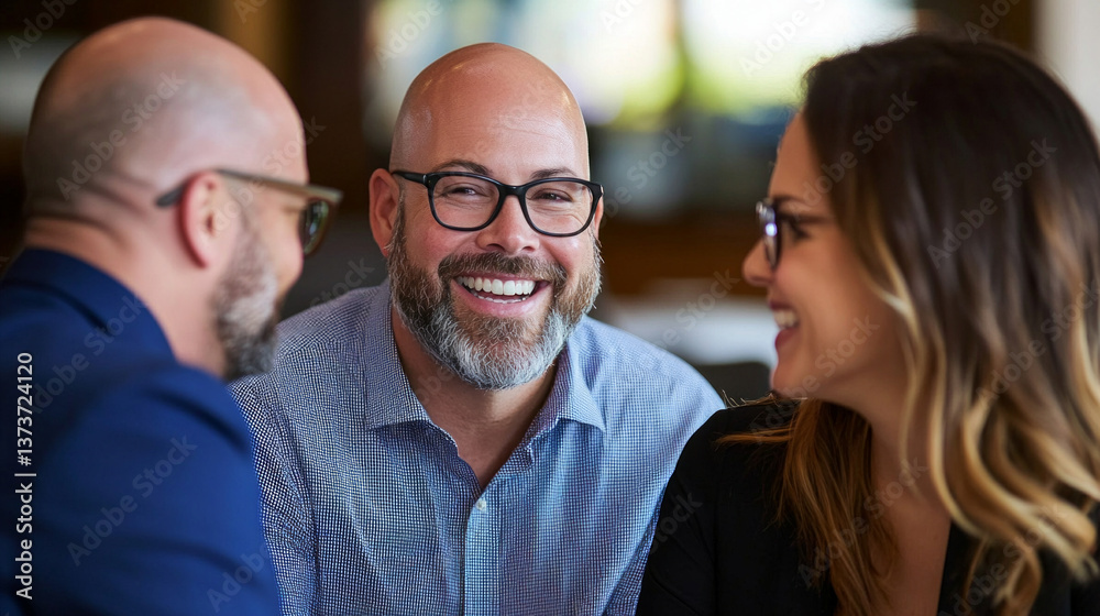 Fototapeta premium Three professionals engage in a lively discussion about financing options at a stylish cafe, sharing ideas and smiles during a morning meeting in a bright environment.