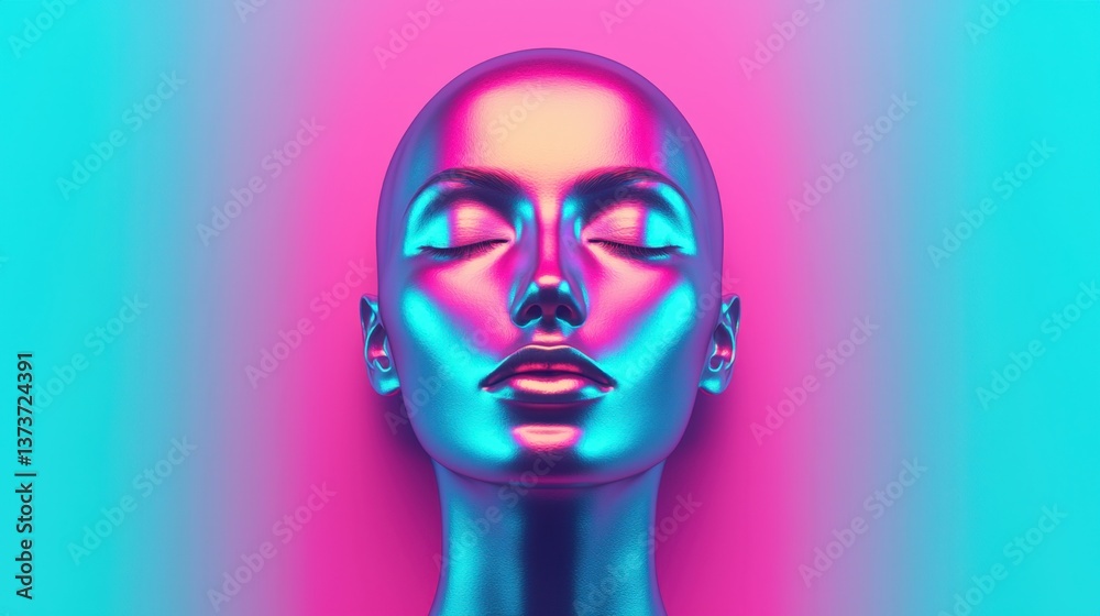 NFT digital art and animation, A futuristic, metallic face is illuminated with vibrant pink and blue hues, creating an ethereal and striking visual effect. NFT digital art and animation, A futuristic, metallic face is illuminated with vibrant pink and blue hues, creating an ethereal and striking visual effect.