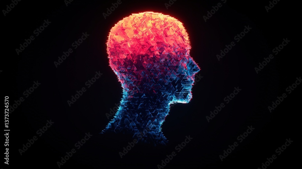 Obraz premium NFT digital art and animation, A colorful, abstract representation of a human head silhouette composed of geometric shapes, symbolizing thoughts and creativity.