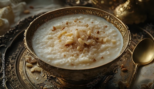 Creamy rice pudding, topped with toasted nuts photo