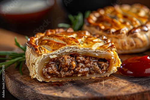 Australian meat pie handheld pastry filled with minced meat and gravy, served hot with