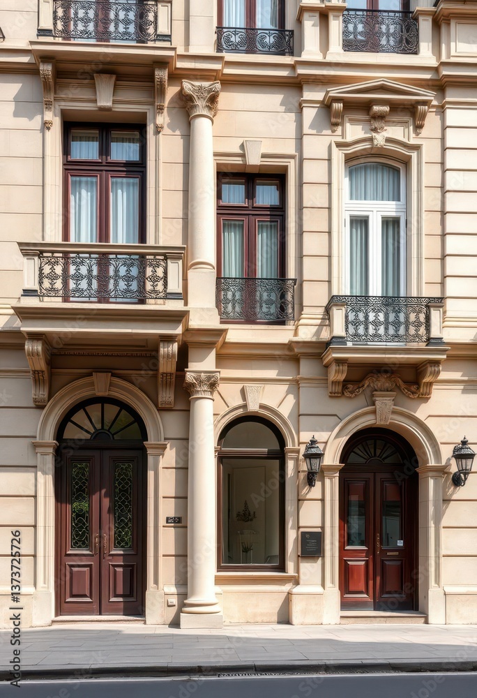 Elegant city villa facade, classic architecture, stone details, building, cityscape