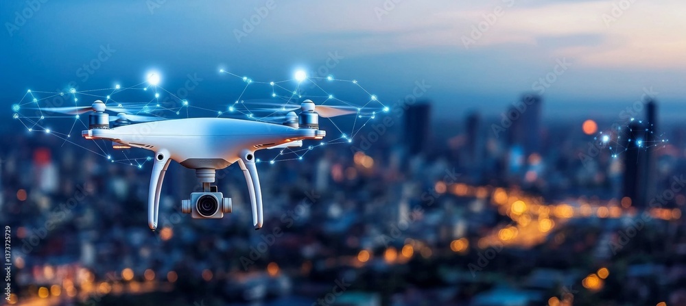 Drone Soaring Through Smart Cityscape Innovative Aerial Transport Solution for Future Mobility.