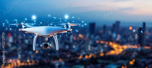 Obraz na płótnie Drone Soaring Through Smart Cityscape Innovative Aerial Transport Solution for Future Mobility. w salonie