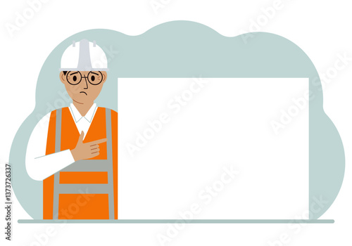 A male worker or builder points his finger at a blank large banner, a blank poster or a large white sheet of paper with space for text. Vector flat illustration.