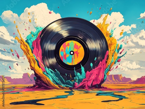 Colorful Vinyl Record Explosion in Surreal Desert
