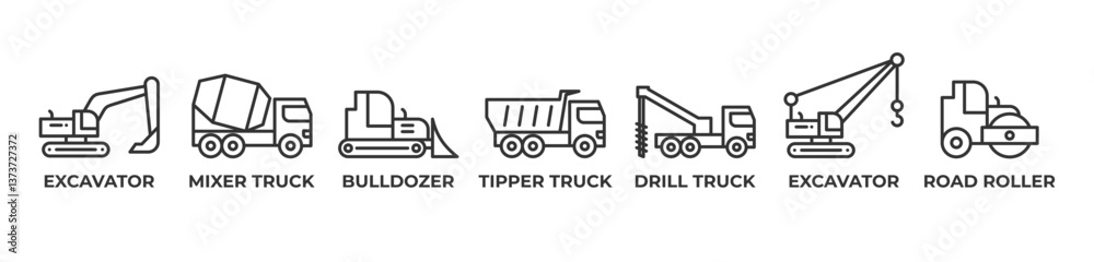 Construction Powerhouse Icons set vector illustration with Excavator, Mixer Truck, Bulldozer, Tipper Truck, Drill Truck, Excavator, Road Roller Construction Powerhouse Icons set vector illustration with Excavator, Mixer Truck, Bulldozer, Tipper Truck, Drill Truck, Excavator, Road Roller