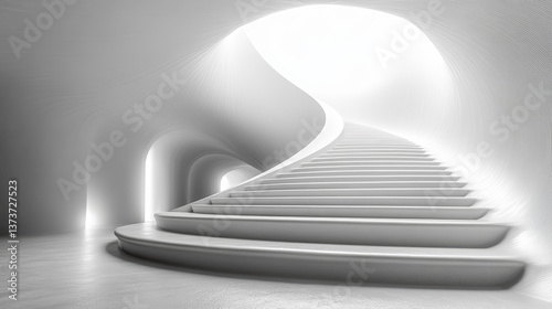 Futuristic white spiral stairs pathway to bright light