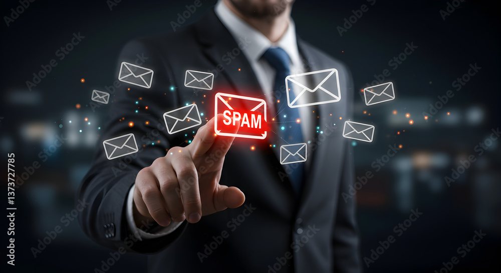 Man in suit pointing at a glowing spam icon surrounded by email icons in a digital environment Man in suit pointing at a glowing spam icon surrounded by email icons in a digital environment
