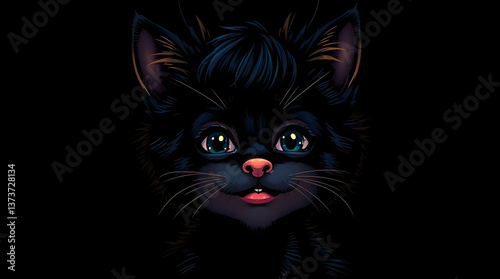 Cute Black Kitten Portrait Illustration Isolated on Black Background
