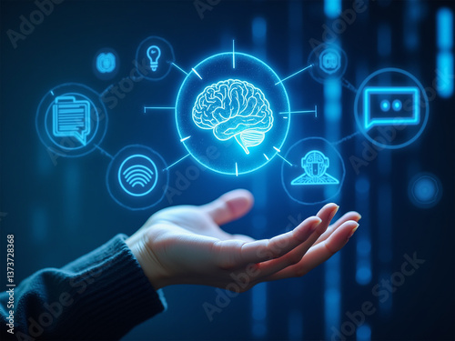 Futuro de la comunicación: mano con elementos de inteligencia artificial, redes neuronales artificiales 