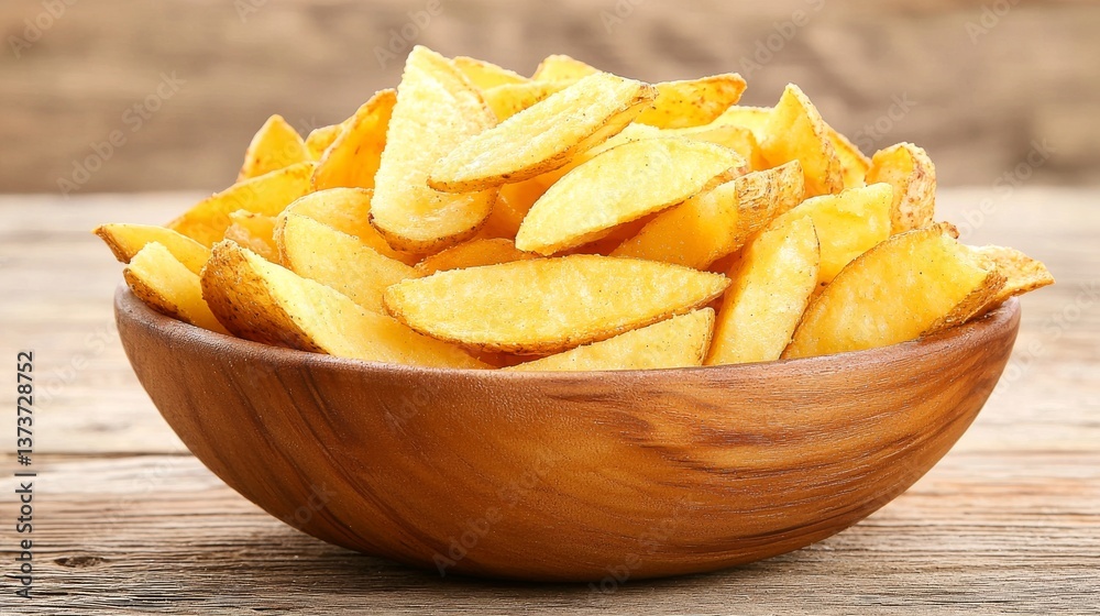 Delicious Golden Potato Wedges in Wooden Bowl on Rustic Table Delicious Golden Potato Wedges in Wooden Bowl on Rustic Table
