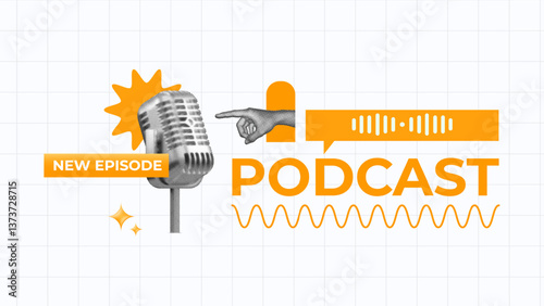 halftone collage, Podcast promotion with a vintage microphone, sound waves, and 'New Episode' text.  for SEO, podcast marketing, streaming