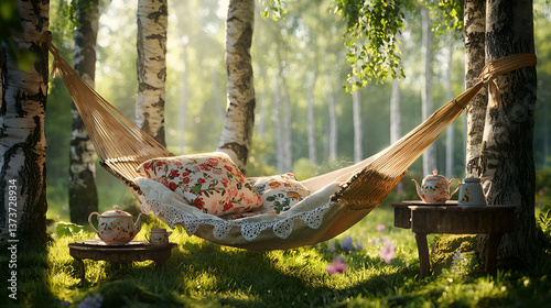 Relaxing hammock nestled between trees in a sun-dappled forest offers an inviting place for leisure.