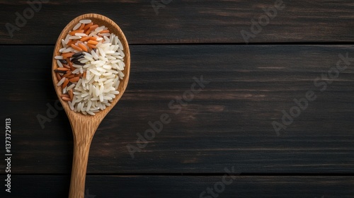 Close-Up of Wooden Spoon Holding Variety of Rice Grains on Dark Rustic Wooden Background for Culinary and Healthy Eating Lifestyle Themes photo