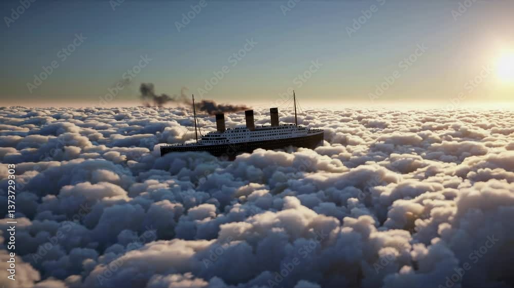 Loop infinito de un barco de vapor navega por un mar de nubes, creando una escena surrealista de un viaje eterno a través del cielo.