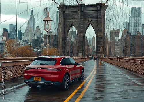 Red SUV on Rainy Brooklyn Bridge