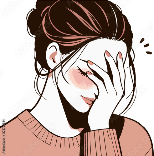 Abashed woman with brown hair covering her face, expressing emotions, suitable for mental health, stress, anxiety, and coping concept designs.
