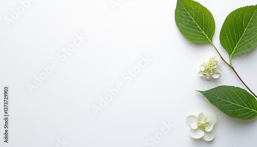 White Hydrangea Flowers With Vibrant Green Leaves On A White Background, Offering Copy Space.