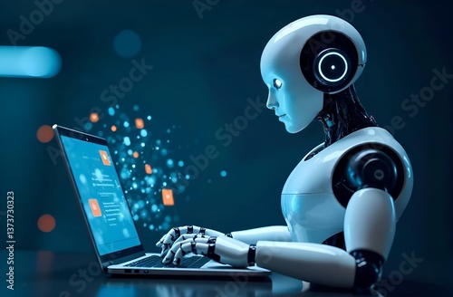 AI chatbot software, cute android robot uses laptop to answer and chat. artificial intelligence for business, data analysis, cloud storage