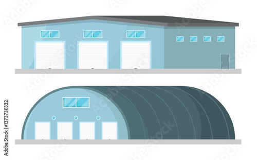 Warehouse icons with roller shutters. Side view. Concept of building for storage of goods.