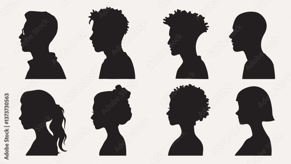 Diverse silhouette profile collection isolated element vector Diverse silhouette profile collection isolated element vector