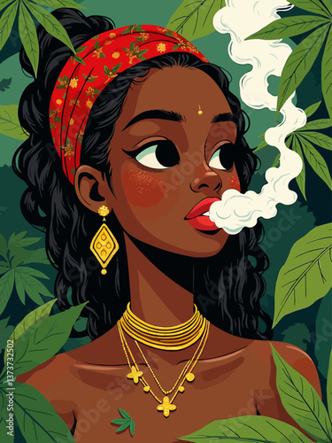  A beautiful African woman with dreadlocks, wearing gold earrings and necklaces, smoking marijuana in the jungle