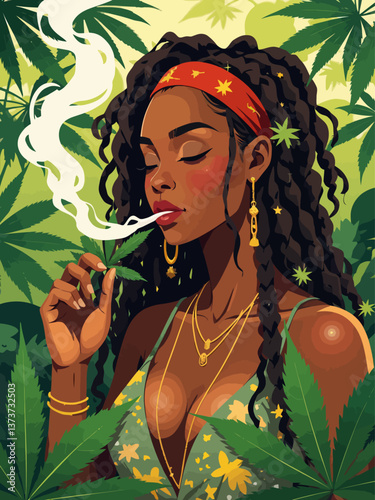  A beautiful African woman with dreadlocks, wearing gold earrings and necklaces, smoking marijuana in the jungle