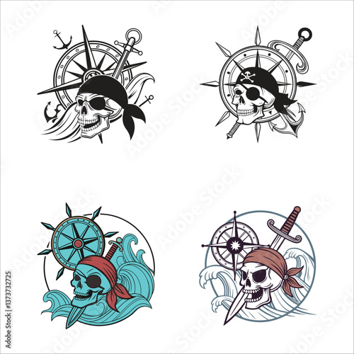 Four pirate themed designs featuring skulls compasses swords anchors and nautical elements on a white background
