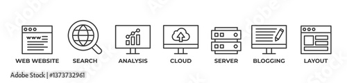 Complete Web Solutions Icons set vector illustration with Web Website, Search Engine, Analysis, Cloud, Server, Blogging, Layout