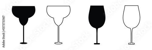 Silhouettes various alcohol cocktail glasses bar set. Black Isolated Glasses of wine, glasses of beer, bar bottles and shot glasses .Vector Illustration . EPS 10 .