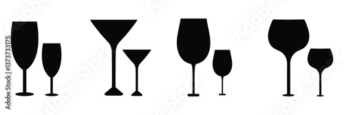 Silhouettes various alcohol cocktail glasses bar set. Black Isolated Glasses of wine, glasses of beer, bar bottles and shot glasses .Vector Illustration . EPS 10 .