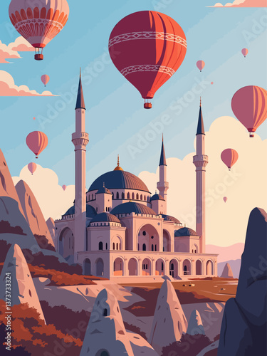  mosque in Cappadocia with a lot of colorful balloons sunrise